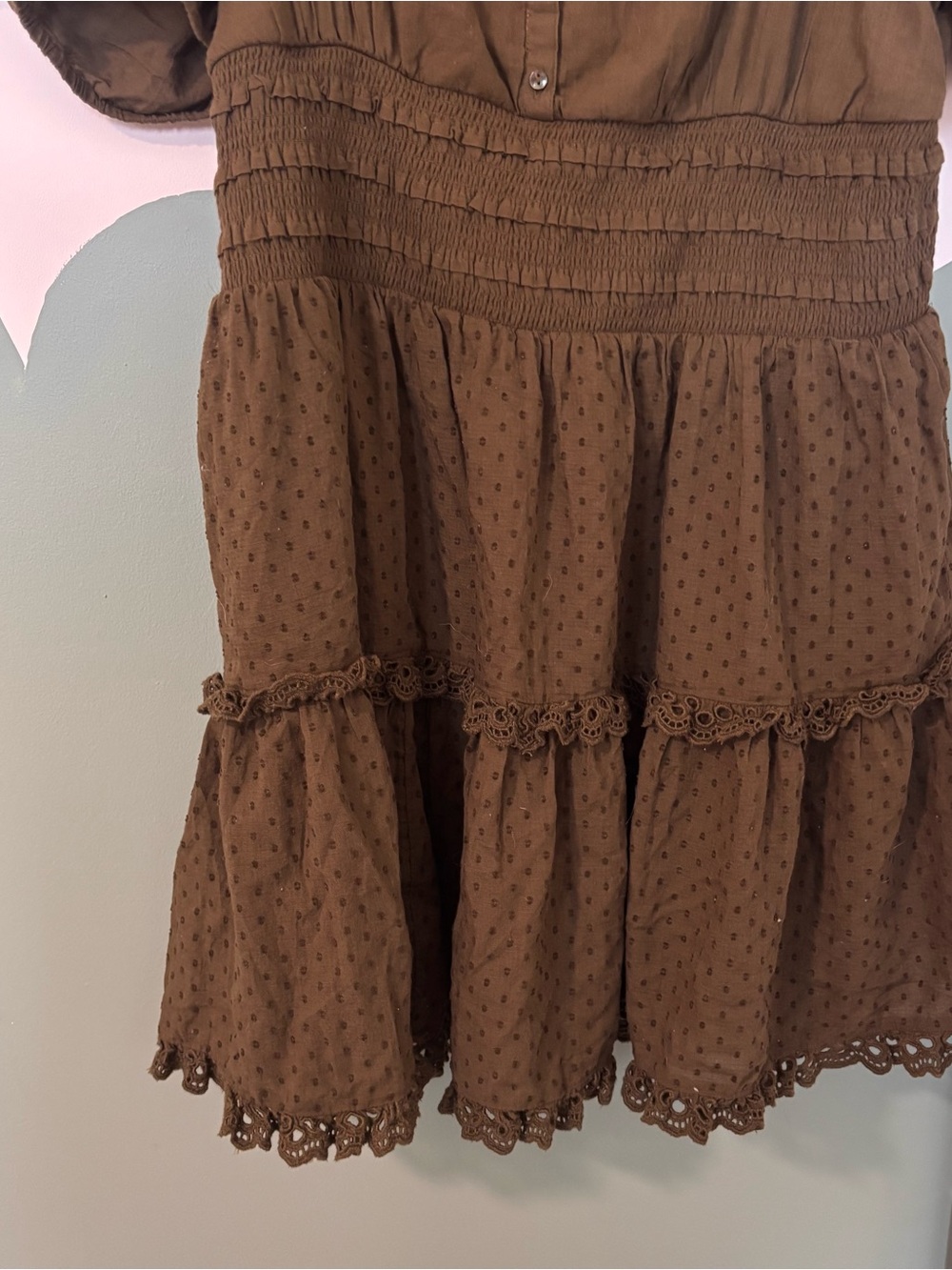 American Eagle Outfitters Olive Puff-Sleeve Tiered Mini Dress - Picture 2 of 6